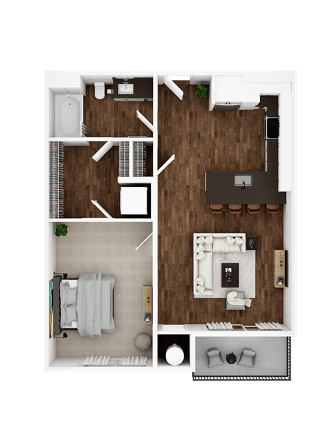 Floor plan for 1 bed, 1 bath, 718 sqft